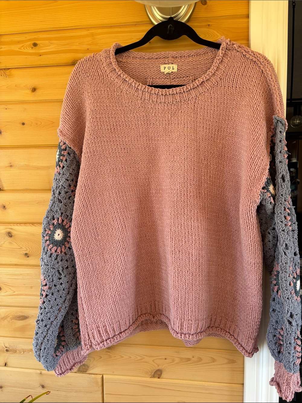 POL Mauve Knit Sweater with Gray Crochet Sleeves